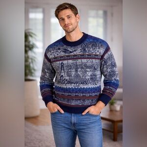 Vintage 80s/90s Past Times Pure Wool Nautical World Map Sweater – Men’s / Unisex